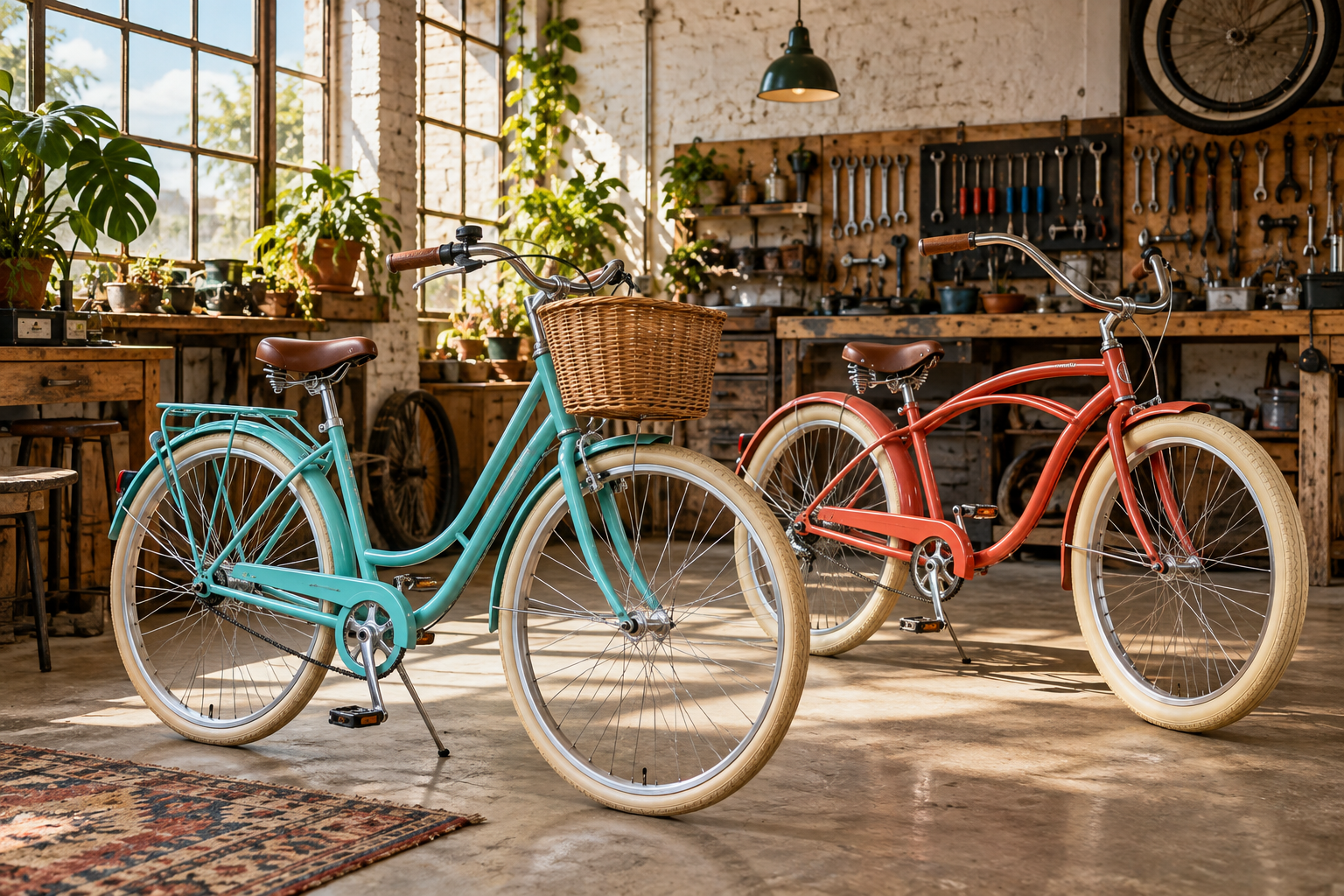 Conceito de bicicletas de cidade e de praia restauradas, em oficina alternativa