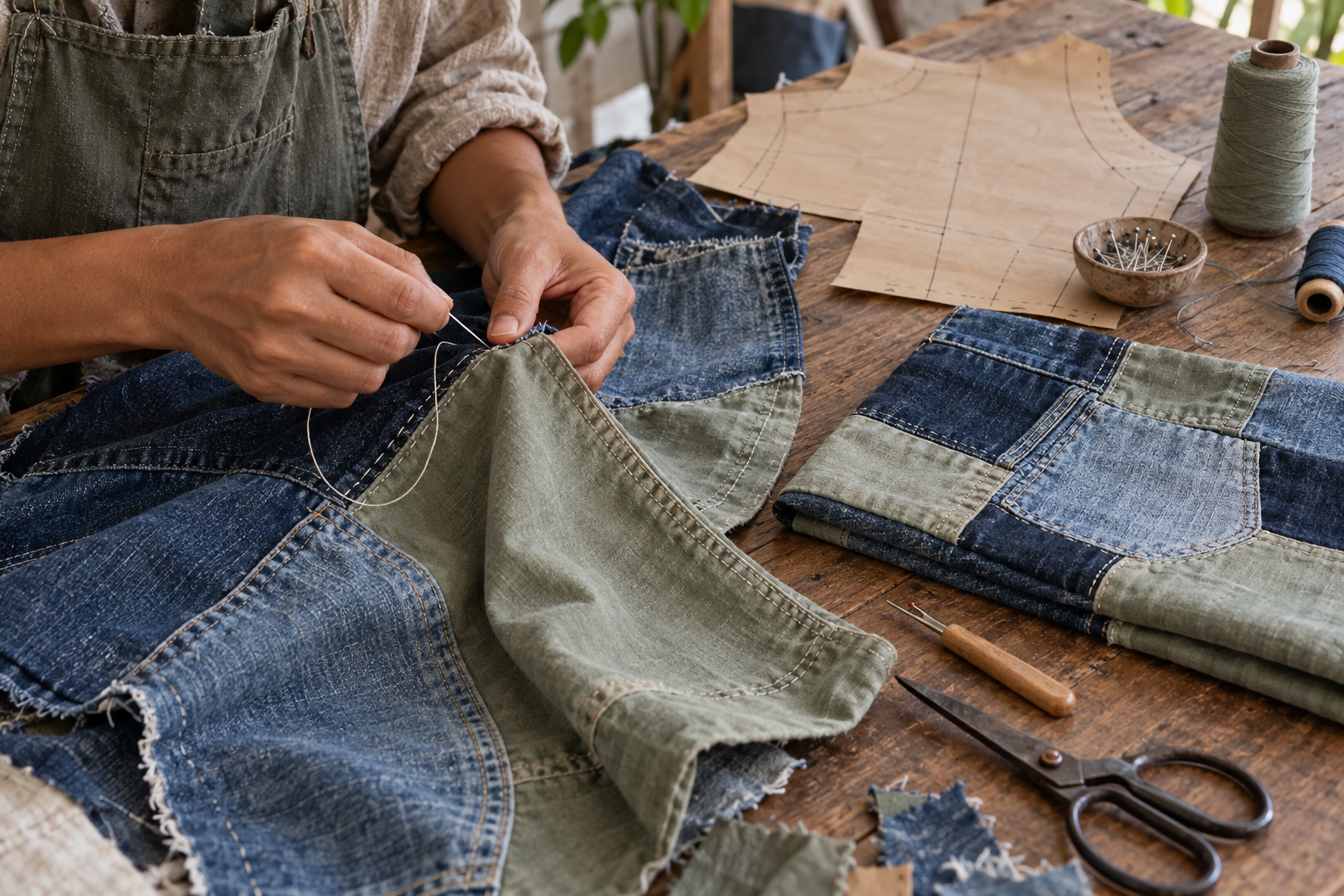 Mãos reconstruindo uma peça com painéis de jeans recuperado