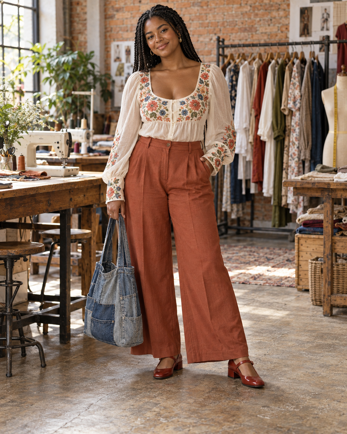 Personagem fictícia Bia, vestindo um look da coleção Outra Volta no ateliê