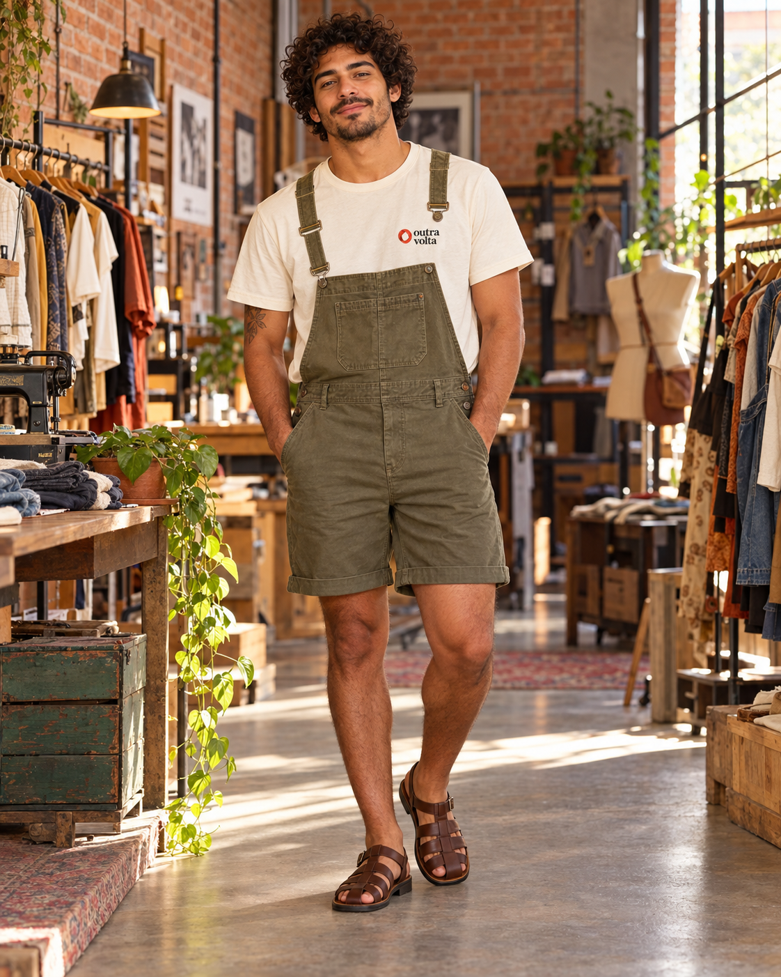 Personagem fictício Caio, usando jardineira curta, camiseta Outra Volta e sandálias de couro no ateliê
